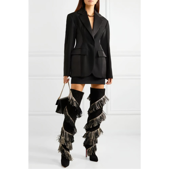 Christian Louboutin Bolcheva 120 Black Gold Fring Thigh High Knee Heel Boot 40.5 - Picture 5 of 12